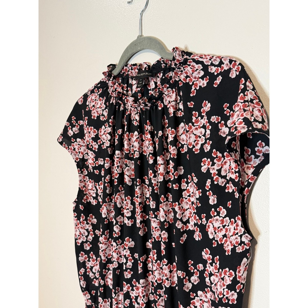 Banana Republic Women 14 Tall Black Floral Ruffle Neck Midi Dress Dark Romantic